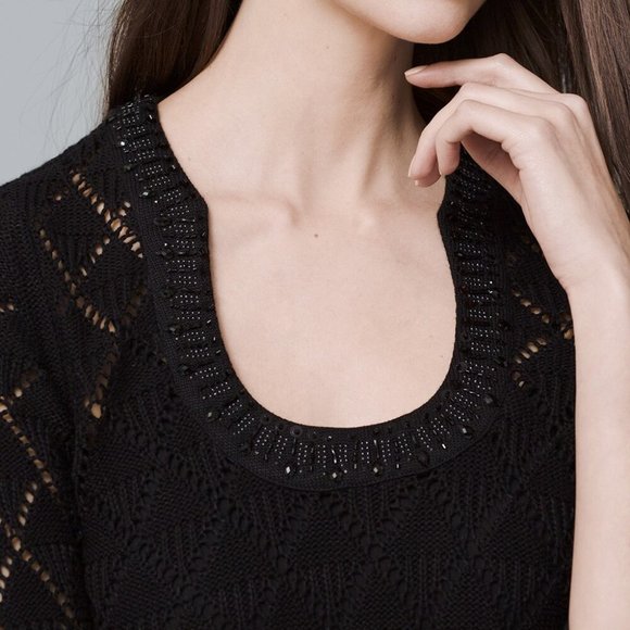 NEW WHBM 3/4 Sleeve Open Knit Embellished Beaded Tunic Sweater Top Size Medium - Picture 3 of 14